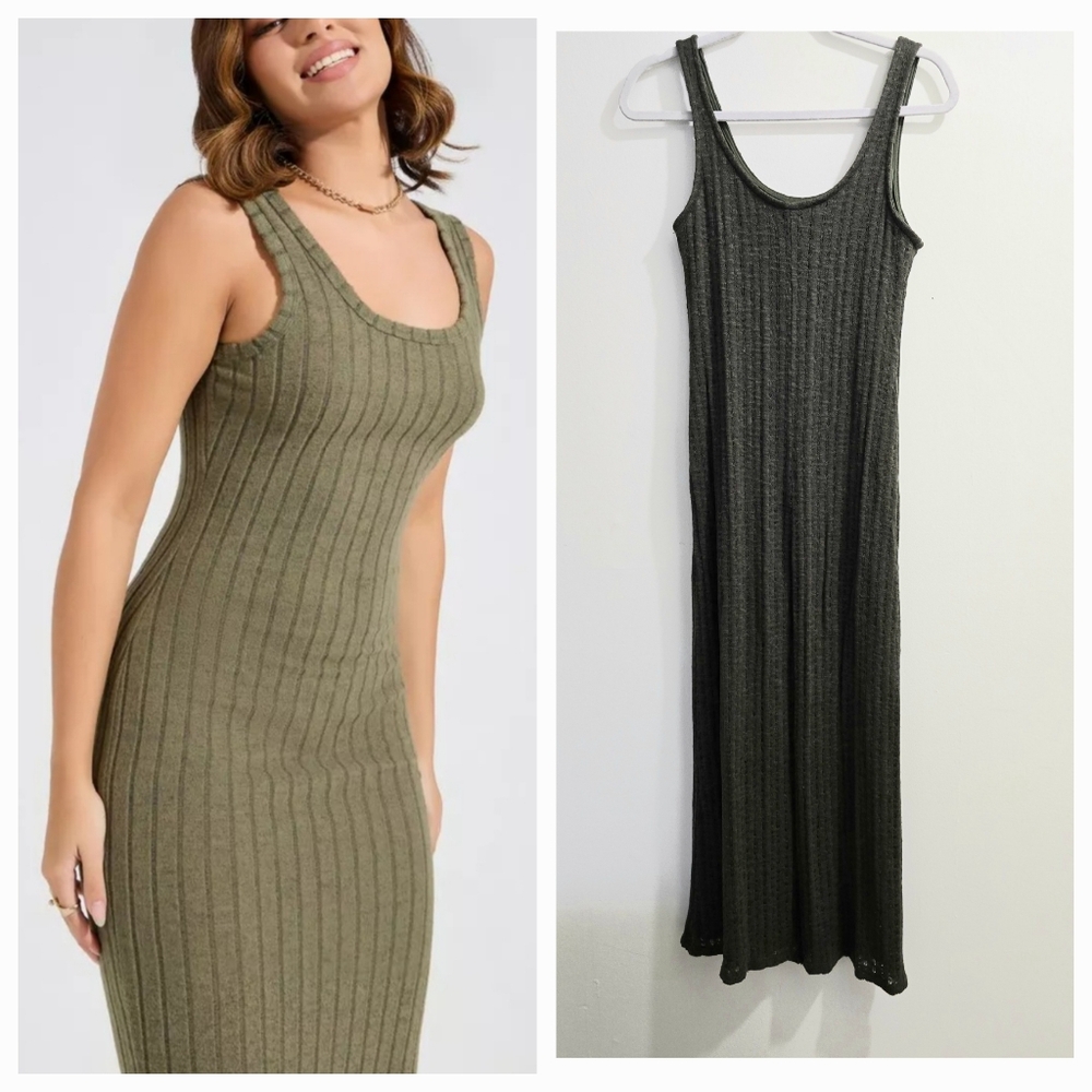 Moss Green Perforated Ribbed Knit Midi Tank Dress Size S-M